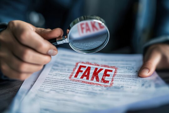 A close-up of a hand holding a magnifying glass over a document stamped with "FAKE" in red, symbolizing fraud detection and verification..