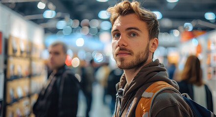 Fototapeta premium Man at a trade fair. People in the background.