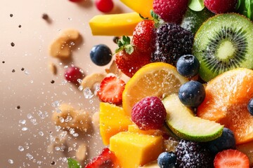 A soft watercolor painting of fresh fruits and vegetables, blending natural colors and textures to represent nutrition