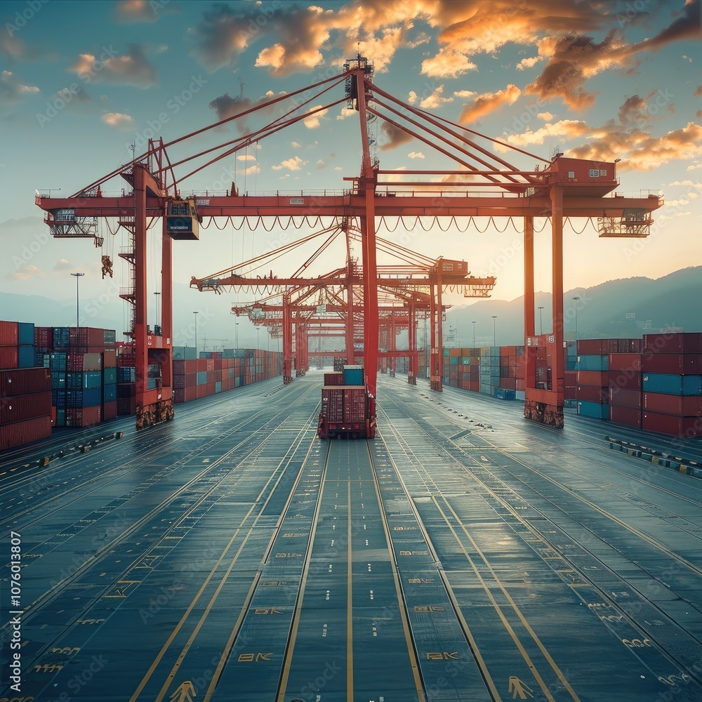 Poster a beautiful port where one container on the center of the image is lifted by a crane.