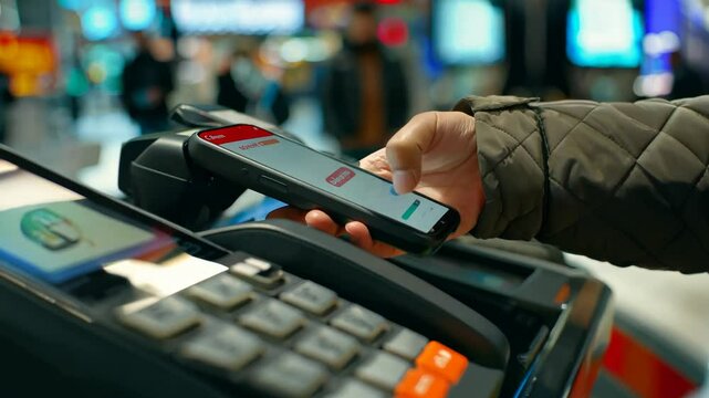 A man skillfully pays for his items using his phone at a busy self-service checkout counter, showcasing the convenience of digital transactions in a retail environment.