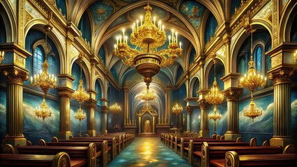 Fototapeta premium Ornate Interior of a Grand Church with Gold Accents and Pews
