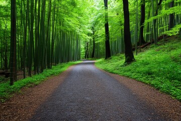 Obraz premium Bamboo forest in Arashiyama, with tall, green bamboo trees towering above a peaceful path