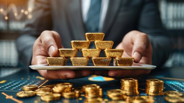Business man holding gold bars, Financial analyst reviewing gold bullion trends on a digital tablet, with data graphs and charts overlay. - Powered by Adobe