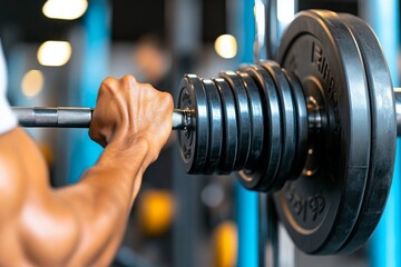 Fototapeta premium Close-up of a gym-goerâ€™s hand adjusting weight plates on a barbell, with a motivational atmosphere