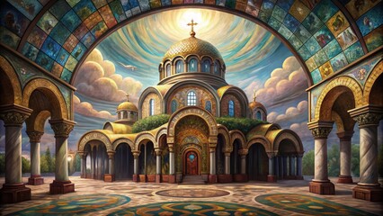 Obraz premium Ornate Church with Golden Domes and Stained Glass Arches