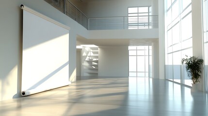 Fototapeta premium Modern White Interior with a Rolled-Up Canvas