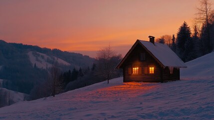 Illuminated Cabin on Snowy Hillside at Sunset