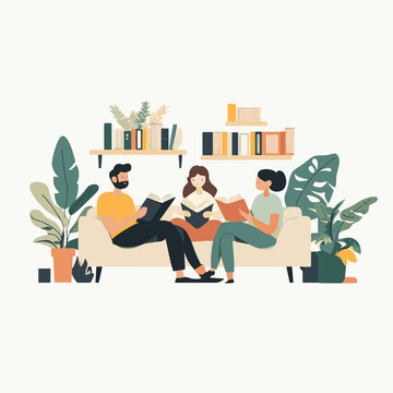 Group of Friends Relaxing and Reading Books on a Couch