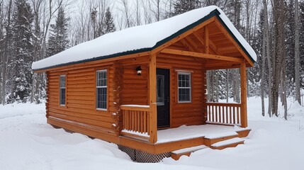 A Small Wooden Cabin Covered in Snow in a Snowy Forest