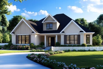 Gentle watercolor of a family home with a front yard and picket fence, in warm, inviting colors