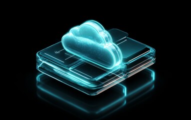 A glowing cloud icon overlaid on digital storage, symbolizing data storage and cloud computing.