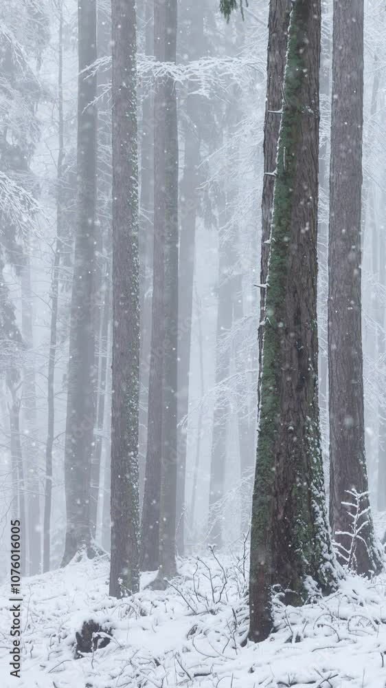 Poster winter forest scene with loop snowfall vertical background.