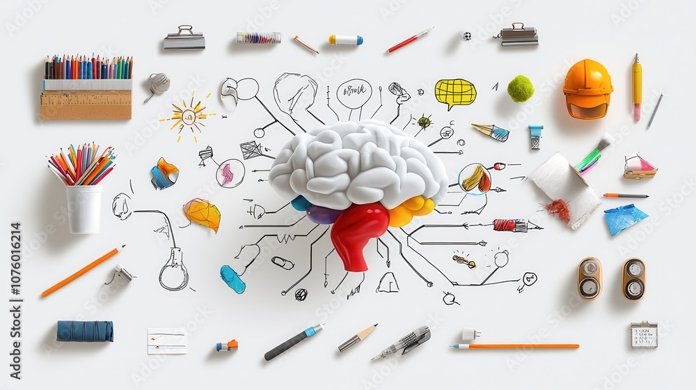 Poster creative brainstorming concept with 3d brain model surrounded by colorful tools and illustrations on
