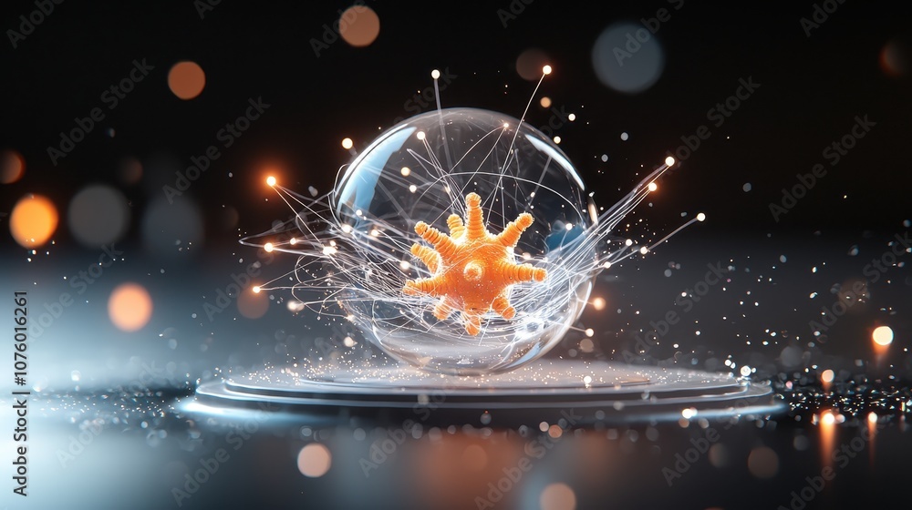 Poster intricate 3d representation of a virus inside a transparent sphere surrounded by glowing particles a