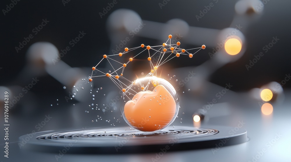 Poster abstract representation of a glowing orange brain within a transparent sphere, interconnected nodes 