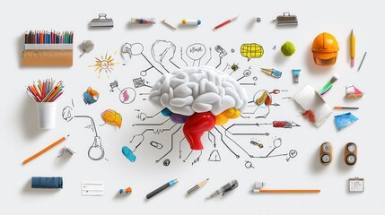 Creative Brainstorming Concept with 3D Brain Model Surrounded by Colorful Tools and Illustrations on White Background for Innovation and Idea Generation