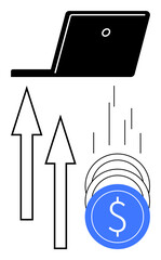 Laptop with upward arrows and falling coins indicating financial growth, success, and investment opportunities. Ideal for business strategy, finance, online trading, e-commerce, monetary success
