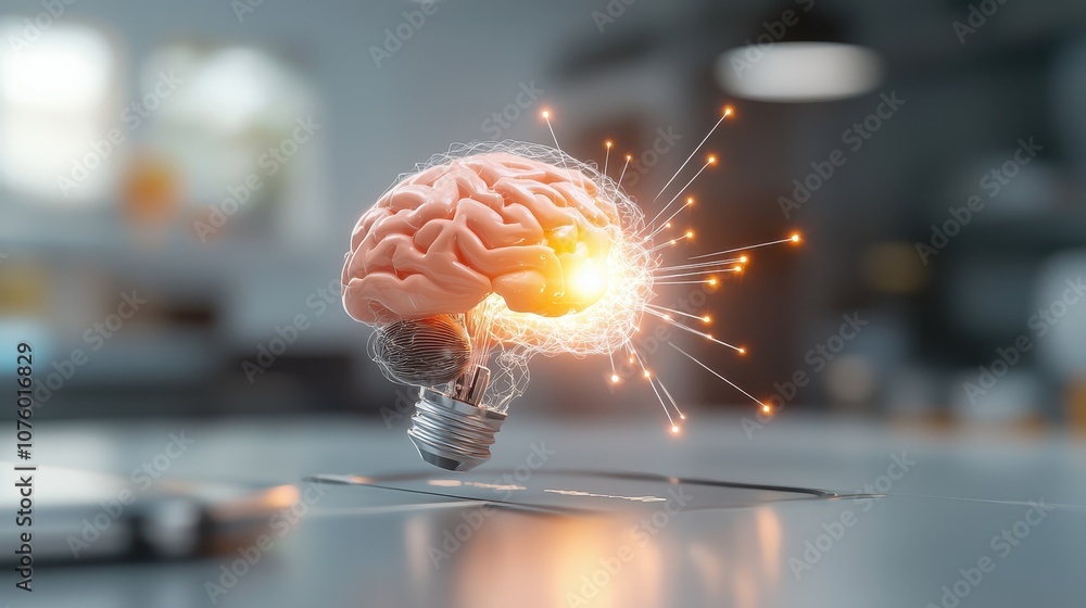 Poster creative concept of an illuminated brain with lightbulb elements showcasing genius and innovation in