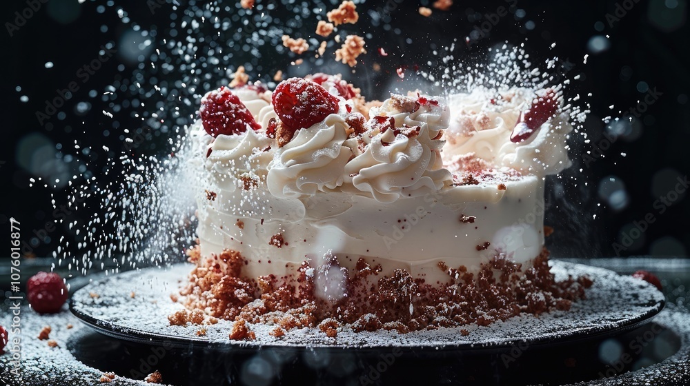 Aufkleber cake floating diagonally in the air, cake explodes in the air, shattered into pieces, black backgrou