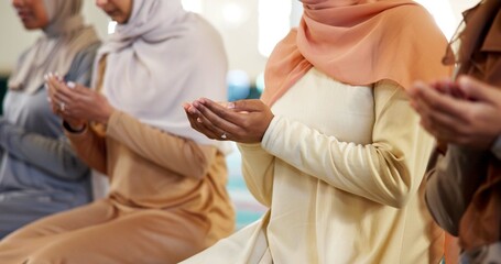 Islam, women and hands in Mosque for prayer, faith and spiritual reverence in religion. Muslim people, commitment and reflection in temple for dua, devotion and worship for Ramadan with mindfulness