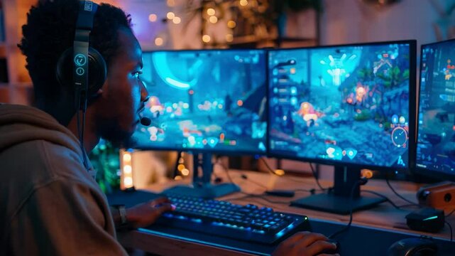 An African American male gamer sits focused at his desk, immersed in an exciting multiplayer game on three screens. The cozy ambiance is enhanced by soft lighting around him.