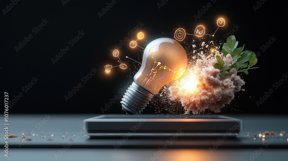 Poster innovative concept of a light bulb representing new ideas and inspiration with surreal elements of n