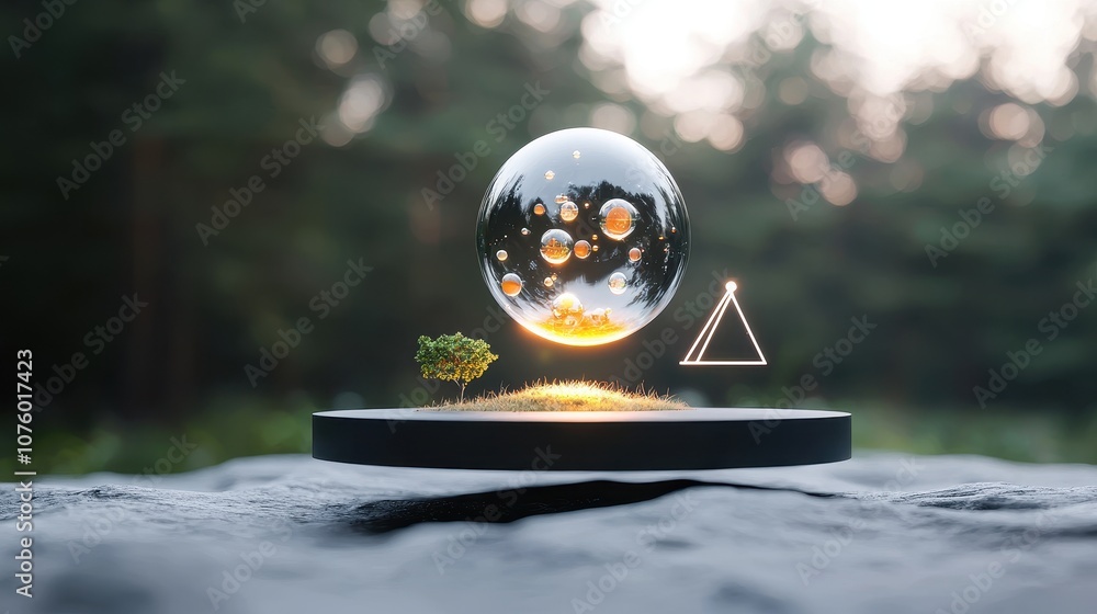 Poster Abstract design featuring a glass sphere with floating bubbles above a small tree, surrounded by soft natural light in a serene outdoor setting