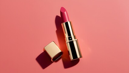 Obraz premium Pink lipstick, isolated on a light red background.