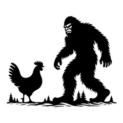 Bigfoot and chicken in forest Vector Logo