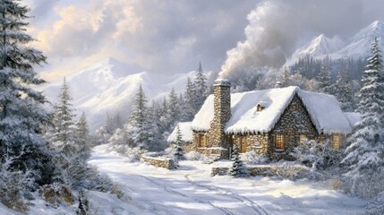 Stone Cabin in a Snowy Mountain Landscape
