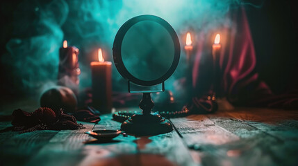 The black mirror sits surrounded by flickering candles, casting shadows with mystical artifacts in a dimly lit room. Generative AI