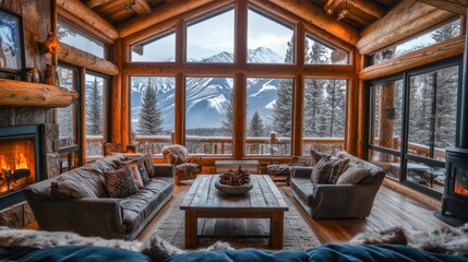Fototapeta premium Cozy Log Cabin Living Room with Mountain View and Fireplace