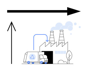 Waste management truck entering factory with recycling symbol, factory emissions in background, large arrows. Ideal for industry, waste, recycling, pollution, environment, sustainability logistics