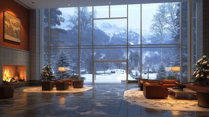 Luxurious Lobby with a Wintery Mountain View