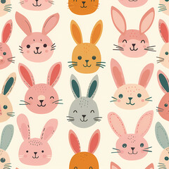 A playful and colorful pattern featuring adorable cartoon rabbits in various expressions and colors against a soft cream background.