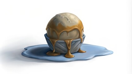 Fototapeta premium A Melted Golden Egg in a Blue Bowl on a White Background