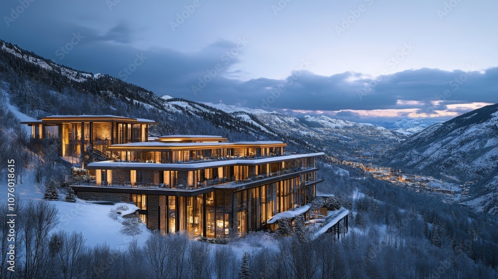 Poster Modern mountaintop lodge with panoramic views of snow-covered valleys