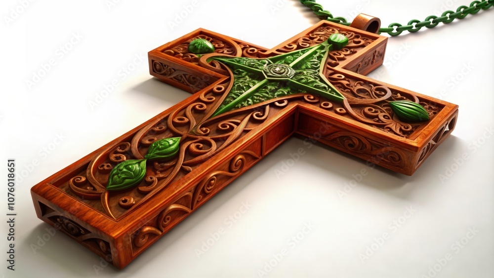 Poster Intricately Carved Wooden Cross with Green Leaf Detail