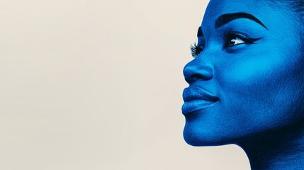 Close-up profile of a woman with blue skin, looking up and slightly smiling.