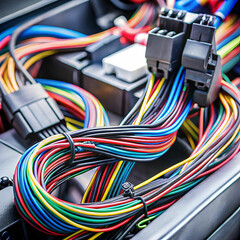 A detailed view of a vehicle's wiring harness, showcasing intricate connections and components essential for electrical systems.
