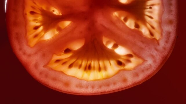 Macro close up of a slice of tomato under the red light. Abstract fruit background. Slow motion. 