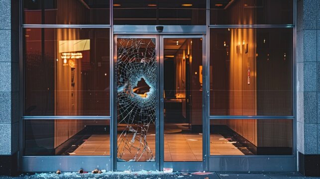 A bank entrance is marked by a broken window and scattered shards, suggesting a recent forced entry under dim lighting. Generative AI