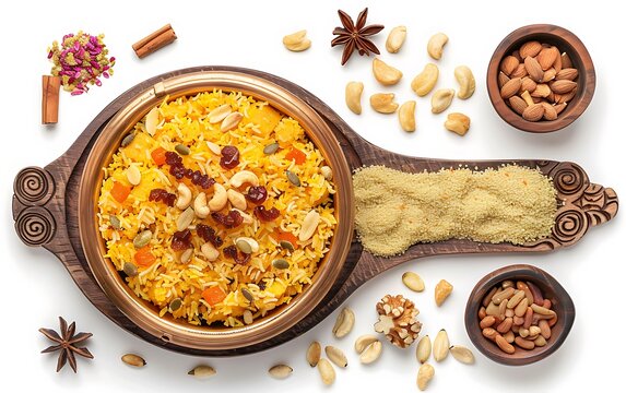 Board and plate of tasty Zarda with on white background.