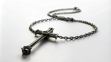 Silver Cross Pendant on Chain Against White Background