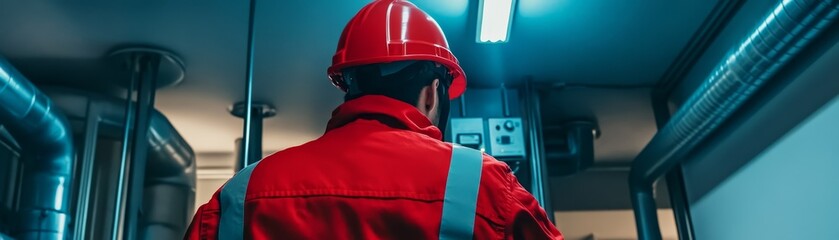 Industrial Worker in Red Uniform and Hard Hat Looking at Control Panel in Factory