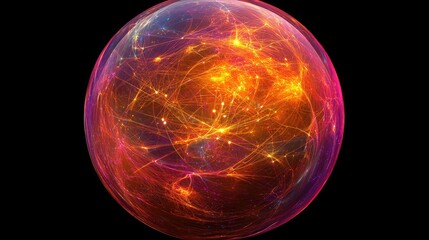 Abstract cosmic sphere with vibrant pink and orange light trails and glowing dots, representing energy, connectivity, and the beauty of the universe in a digital art composition