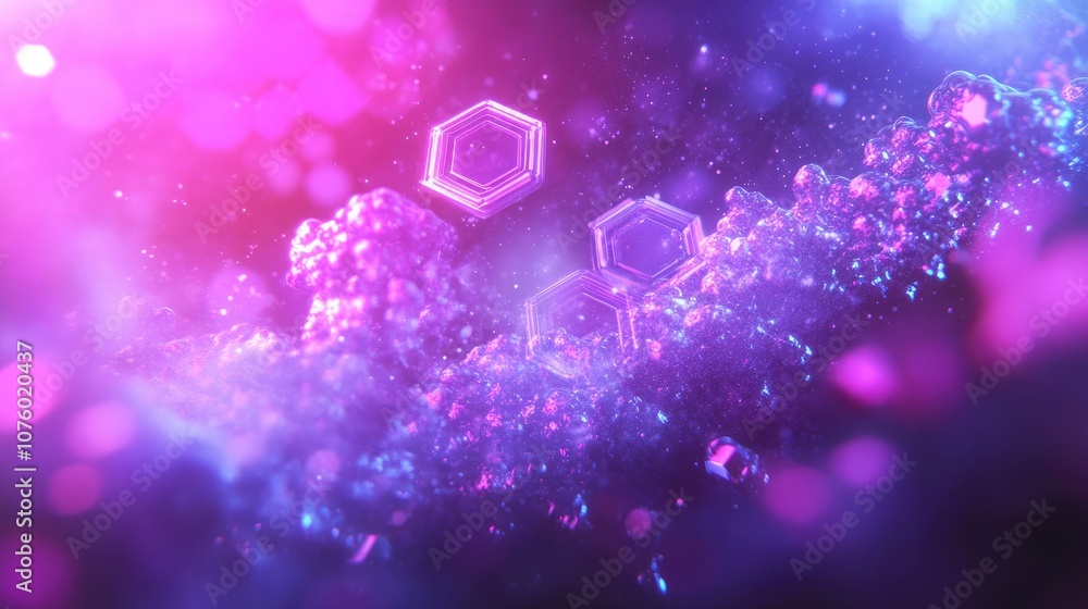 Poster abstract digital art with vibrant colors and geometric shapes, featuring hexagonal patterns and boke