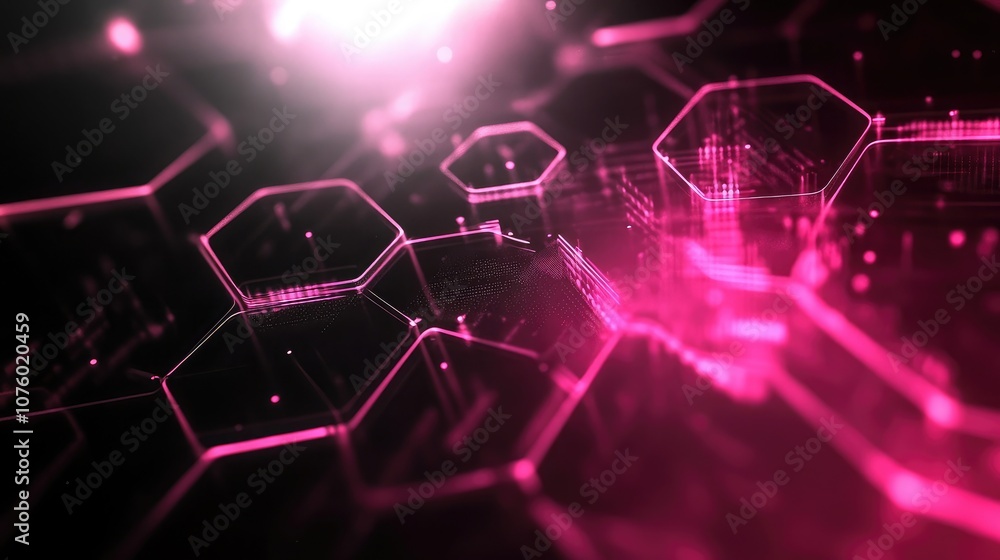 Poster abstract futuristic background with glowing hexagons and digital elements in vibrant pink tones, per
