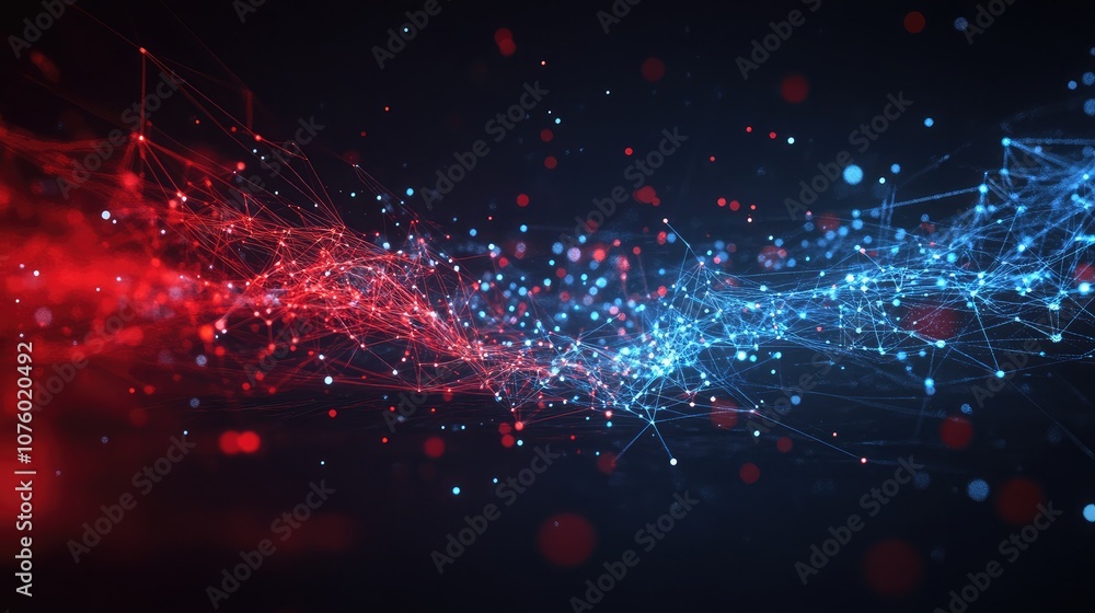 Aufkleber abstract digital background featuring flowing red and blue particle connections with glow effects, p